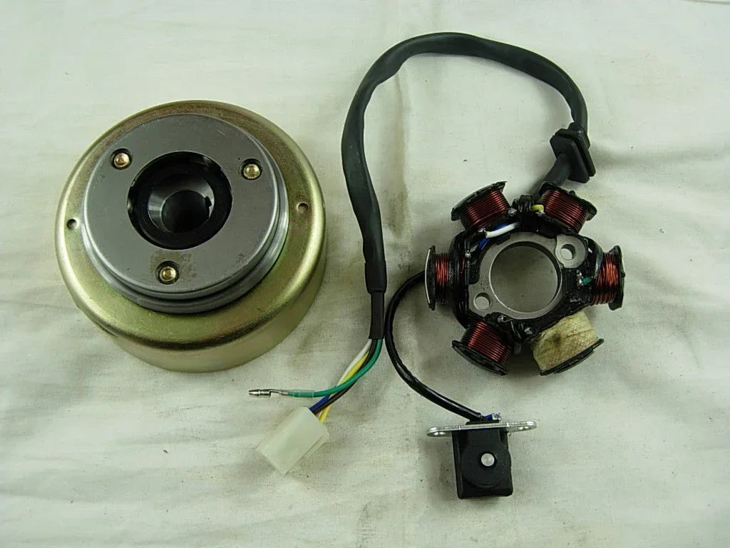 Six Magneto Stator and Rotor sets for 50cc, 110cc, 125cc dirt bikes, compatible with various small motorcycle models.