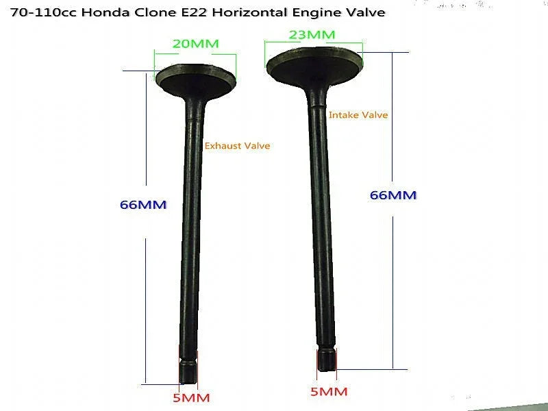 Dirt bike valve assembly for 70cc, 90cc, and 110cc engines, compatible with various models, shown in close-up.