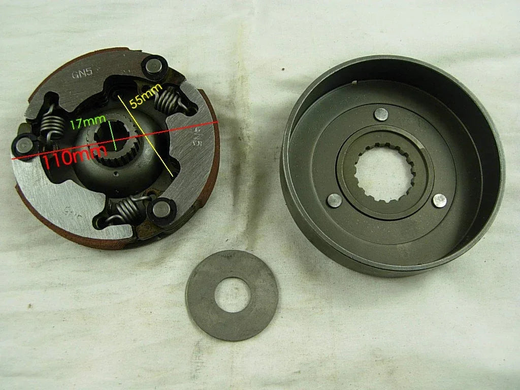 Automatic clutch for 50cc to 125cc dirt bike engines, compatible with various small engine models, shown in the image.