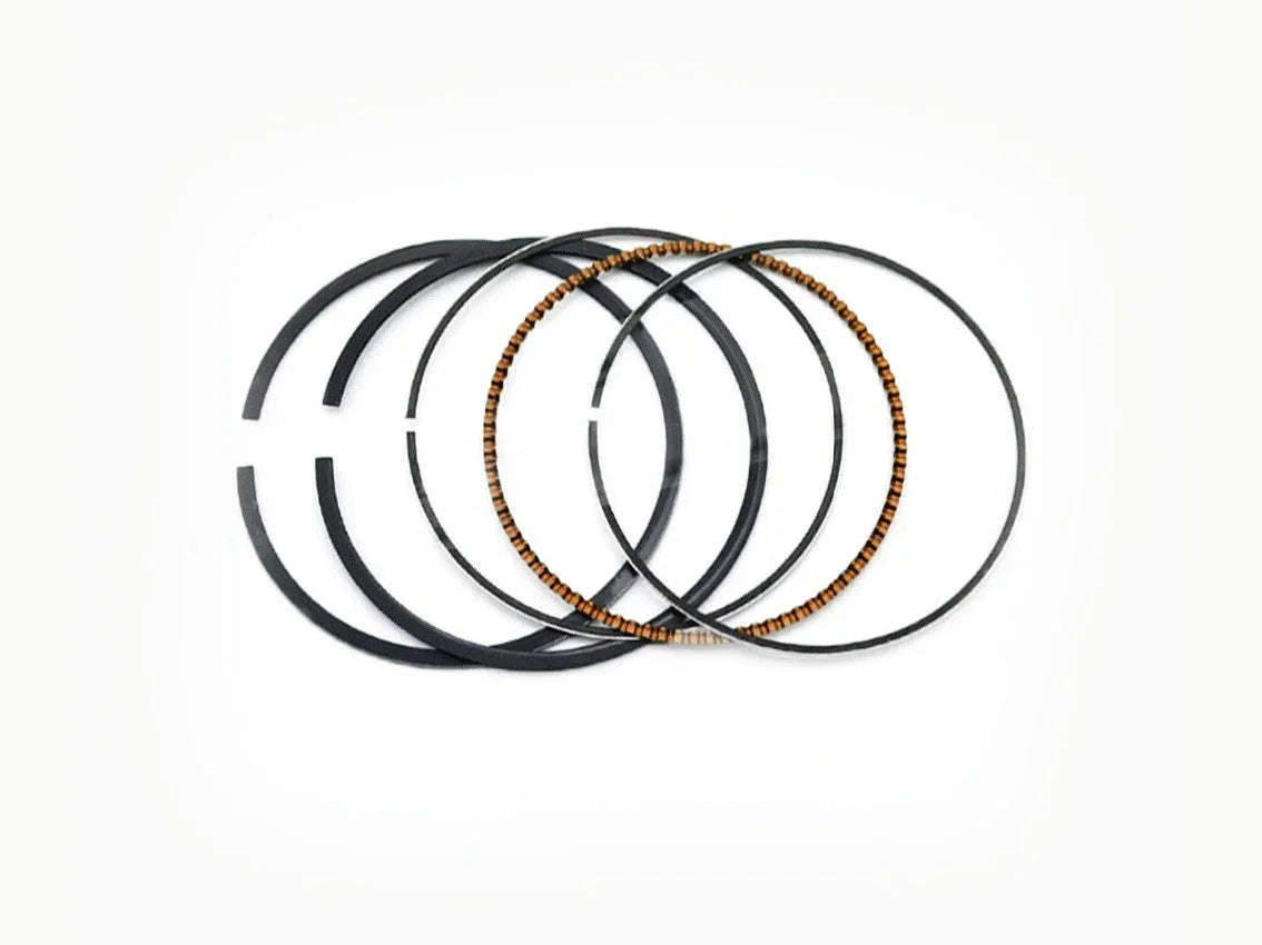 Dirt bike piston ring sets for CG250cc engine, vendor-unknown brand, showing close-up of shiny metal rings and engine components.