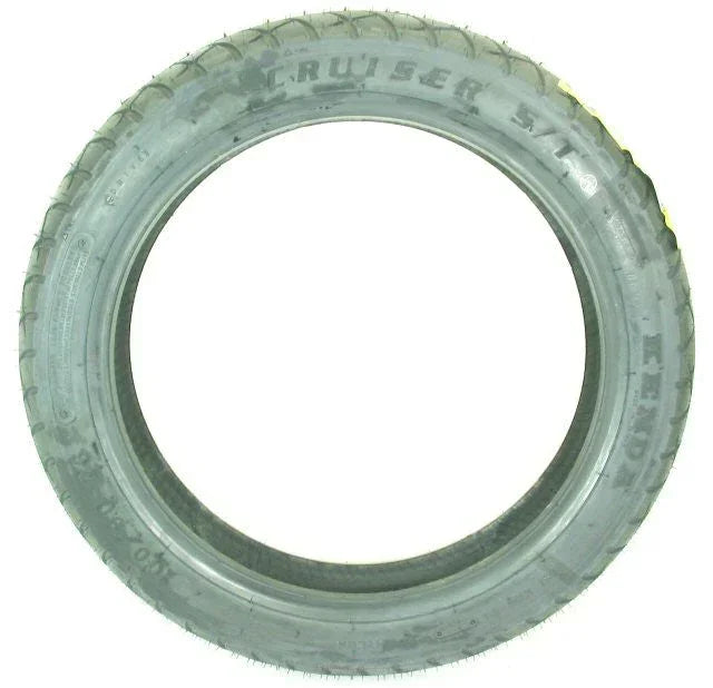 Black 100/90H-16 tire for motorcycle, showing tread pattern and sidewall details, from an unknown brand.