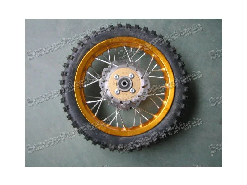 12-inch alloy rear rim with brake disk and sprocket, suitable for motorcycle or scooter, black finish with visible mounting holes