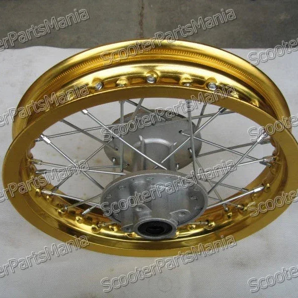 12-inch alloy rear rim for 3.00-12 tires, compatible vehicle parts, with a sleek silver finish and durable construction.