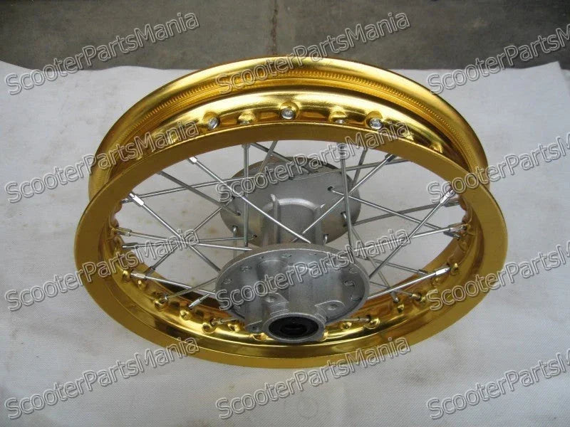 12-inch alloy rear rim for 3.00-12 tires, compatible vehicle parts, with a sleek silver finish and durable construction.