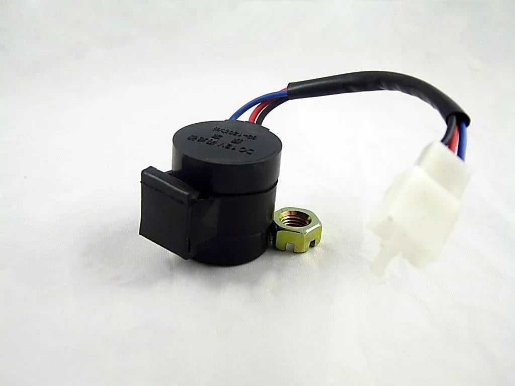 12V 3-wire audible turn signal relay for GY6 scooters, mopeds, motorcycles, and ATVs, showing electrical connections and relay unit.