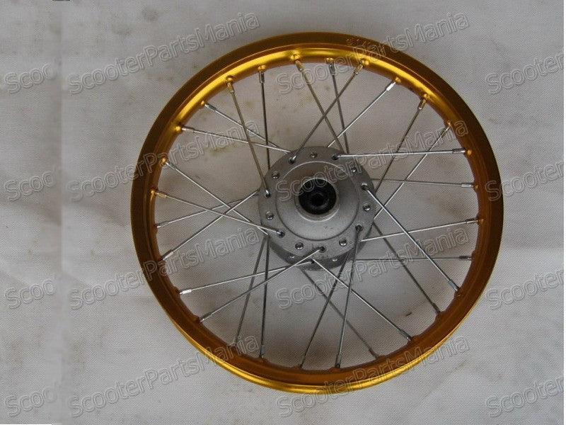 14-inch alloy front rim for 2.50-14 tires, vehicle wheel part with a silver finish and multi-spoke design.