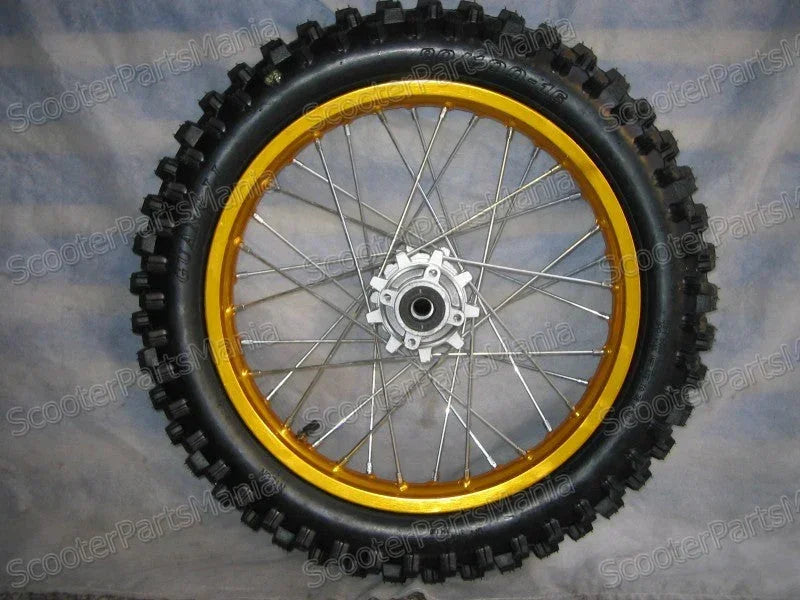 16-inch alloy rear rim tire for motorcycle, featuring a sturdy metal alloy construction and tread pattern for durable performance.
