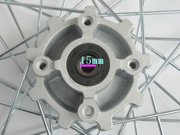 18-inch alloy rear rim tire for motorcycle, featuring a sleek silver finish and durable construction.
