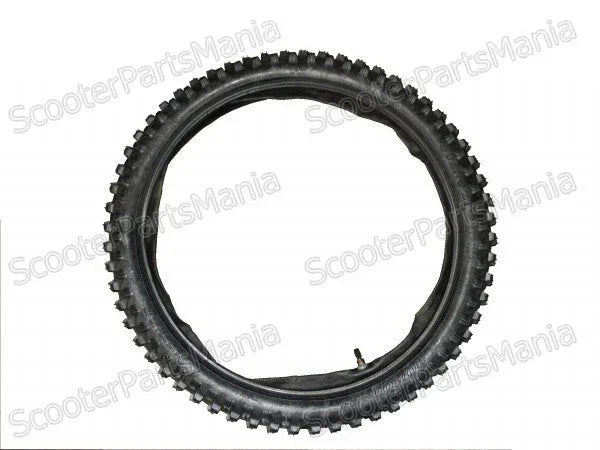 21 inch front tire with tube, 1.60-21 size, for bicycle, black rubber tire with metal rim, vendor-unknown parts category.