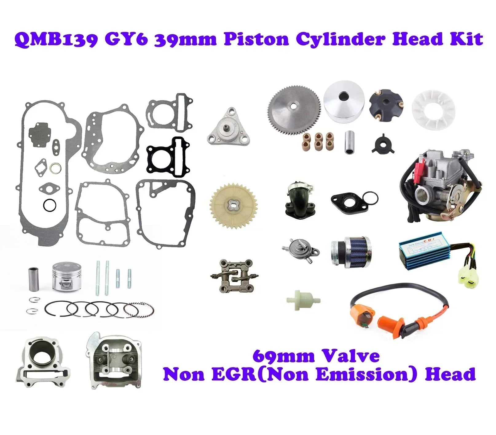 QMB139 GY6 39mm engine kit with cylinder head, gaskets, piston, carburetor, and components
