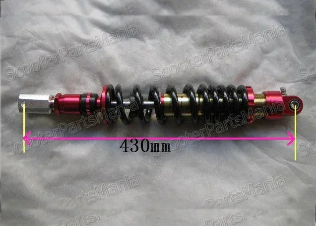 430mm rear shock absorber for scooter, ATV or dirt bike, shown with measurement on light background