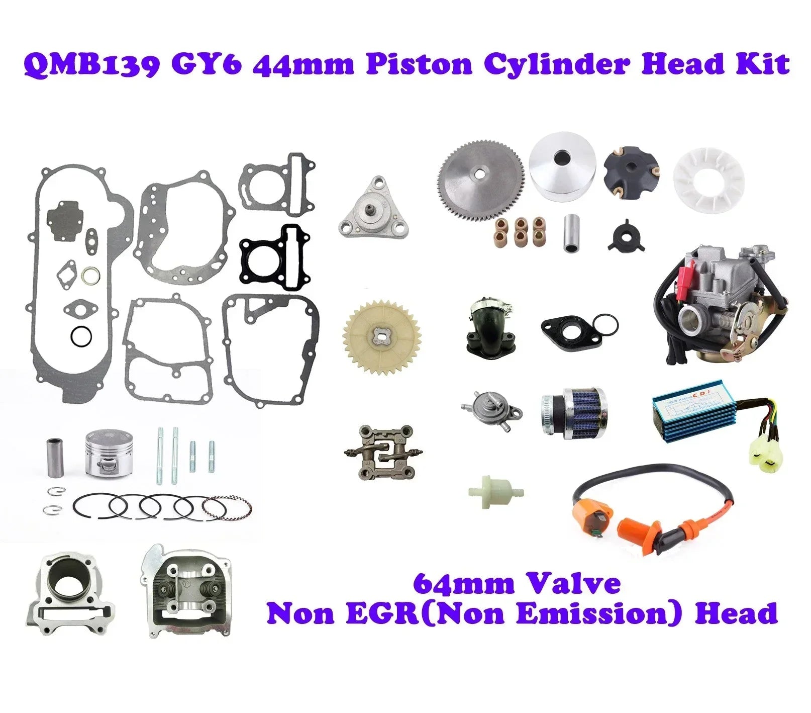 44mm QMB139 Big Bore engine kit with head for non-emission models, suitable for small engine repairs and upgrades.