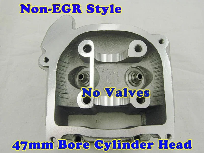 47mm 80cc GY6 engine cylinder head without valve, non-EGR, showcasing metal components and machining details.
