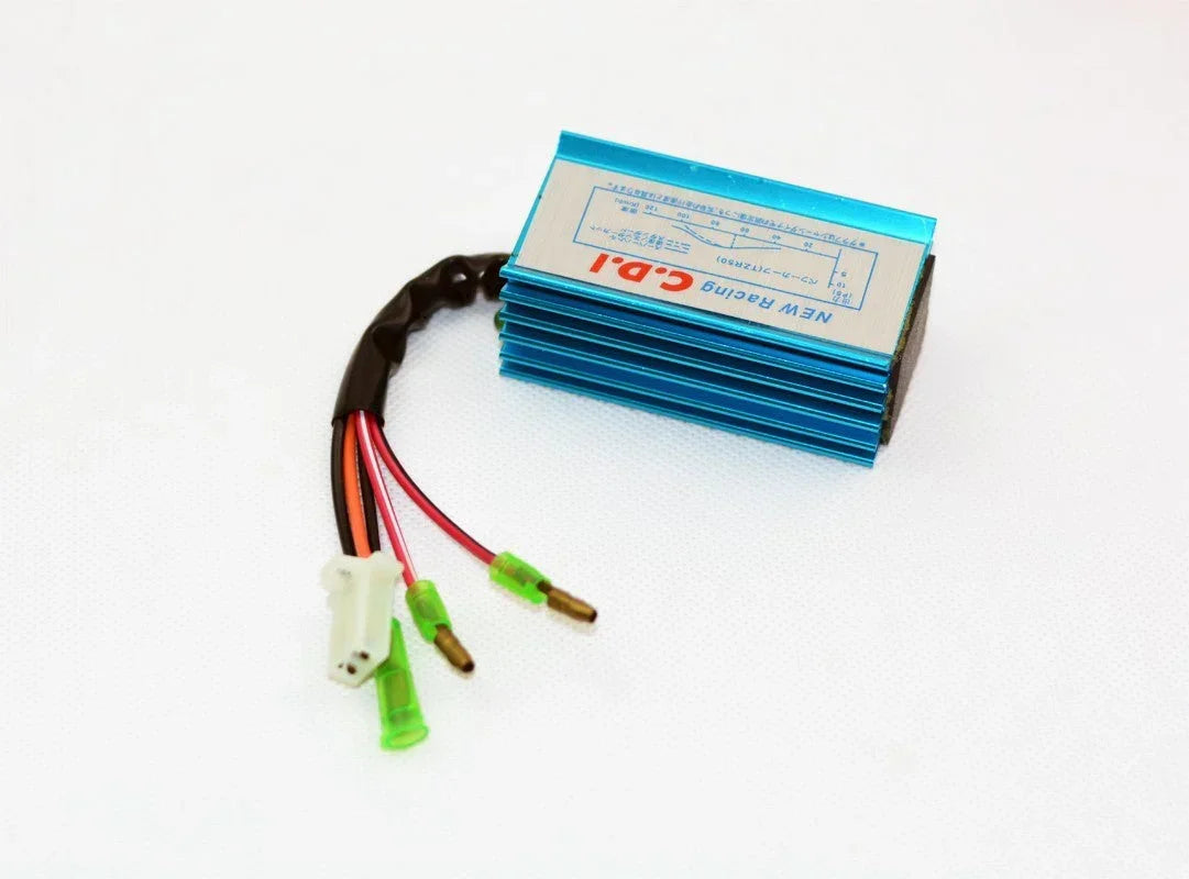 50cc 2-stroke performance CDI for JOG Minarelli air-cooled engines, shown with electrical connectors and mounting points.