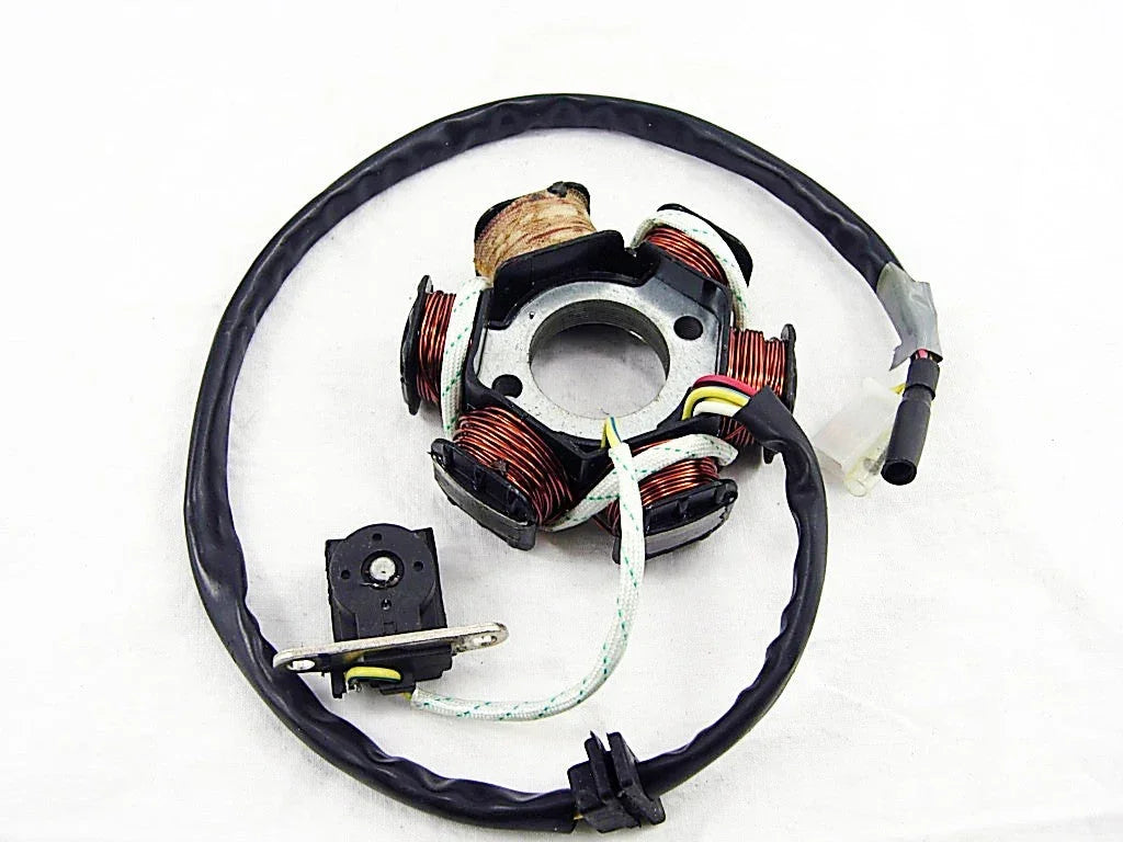 6-coil magneto stator coil for 50cc to 125cc GY6 engines, shown with copper wiring and mounting points.