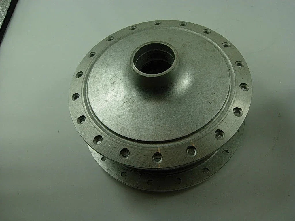 Front wheel hub for A100 engine motorcycle, metal part with mounting holes, designed for motorcycle front wheel assembly.