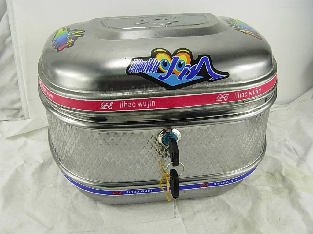 Small stainless trunk for 50cc, 125cc, 150cc GY6 scooters, shown with mounting details and durable metal construction.