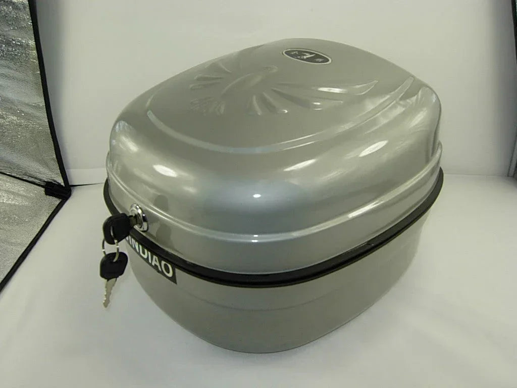 Storage trunk for 50cc, 125cc, and 150cc GY6 scooters, showing a durable black plastic compartment.