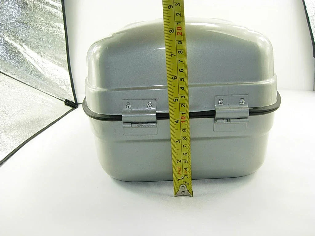 Storage trunk for 50cc, 125cc, 150cc GY6 scooters, black plastic part with latch and hinges.