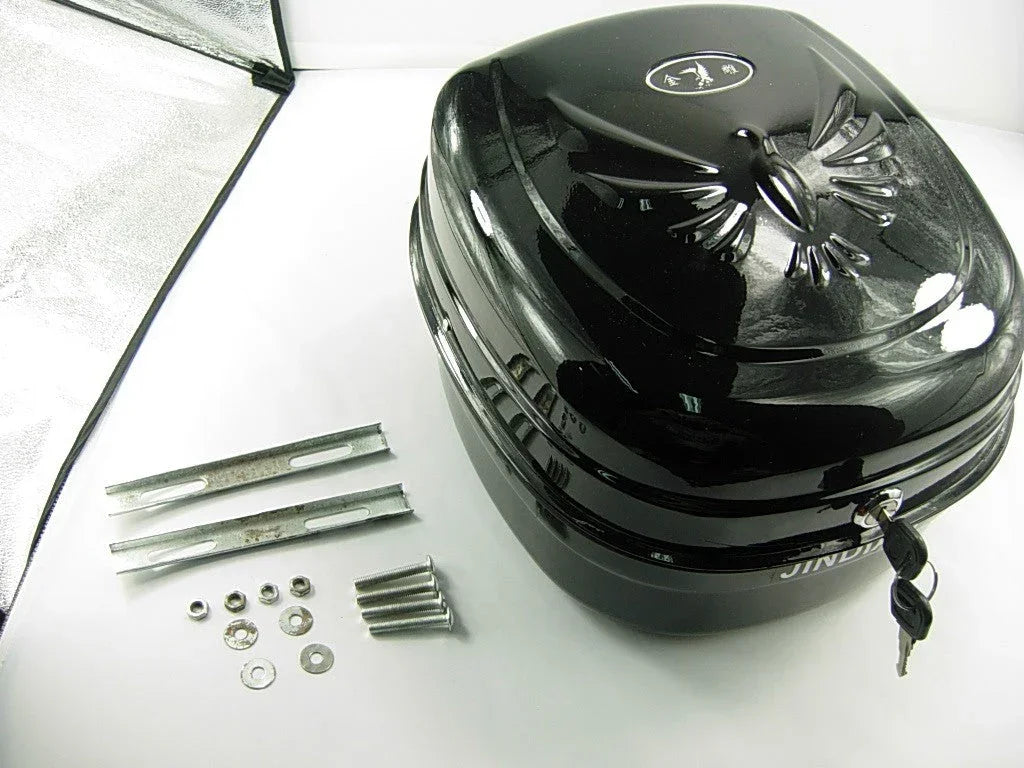Storage trunk for 50cc, 125cc, and 150cc GY6 scooters, shown as a durable black plastic storage box.
