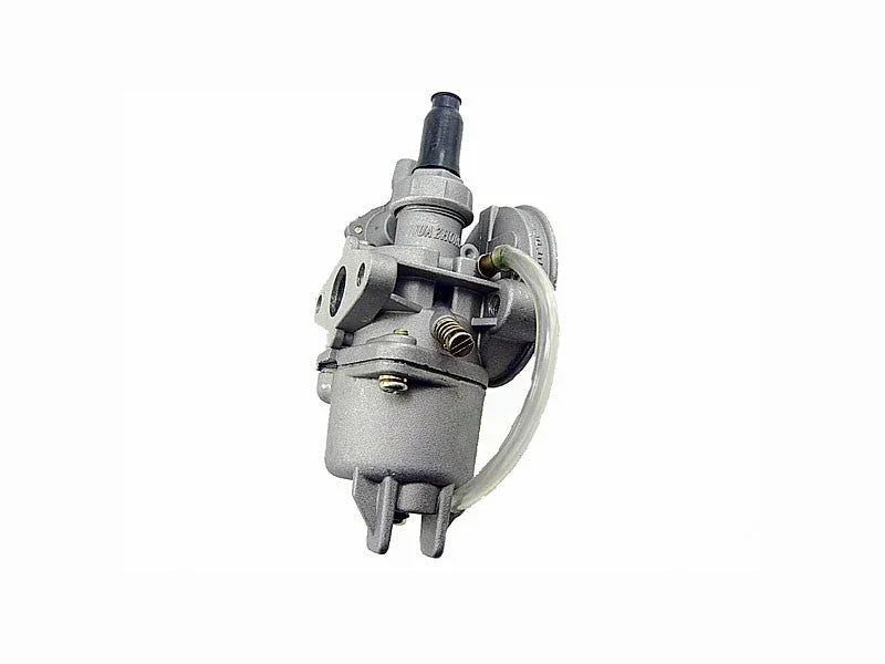 47cc carburetor for mini pocket bike, silver, with attached fuel line on white background