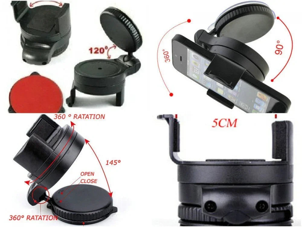 Universal 360-degree rotating car mount windshield holder for smartphones, adjustable and easy to install in vehicles.