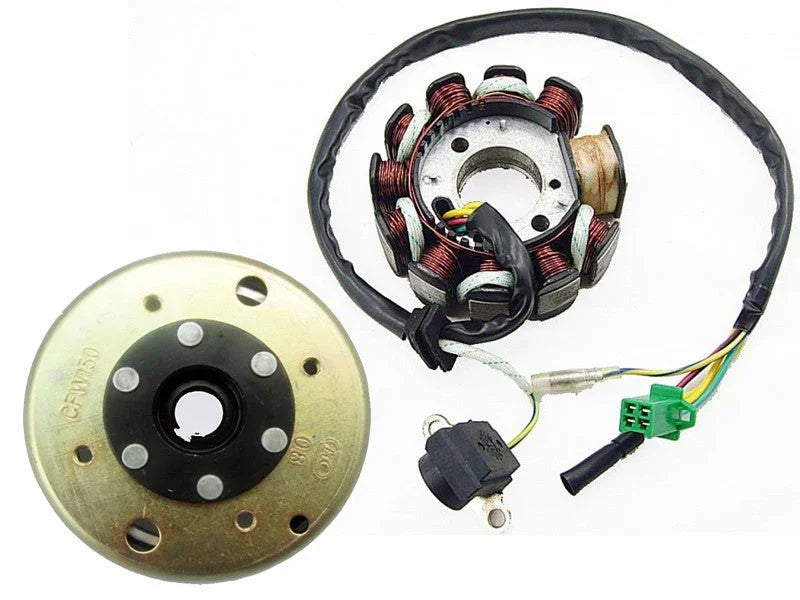 Motorcycle stator and rotor assembly with copper coils and wired electrical connectors on white background