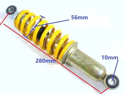 280mm rear shock absorber suspension with yellow coil spring and metal body featuring 56mm spring diameter and 10mm mounting holes