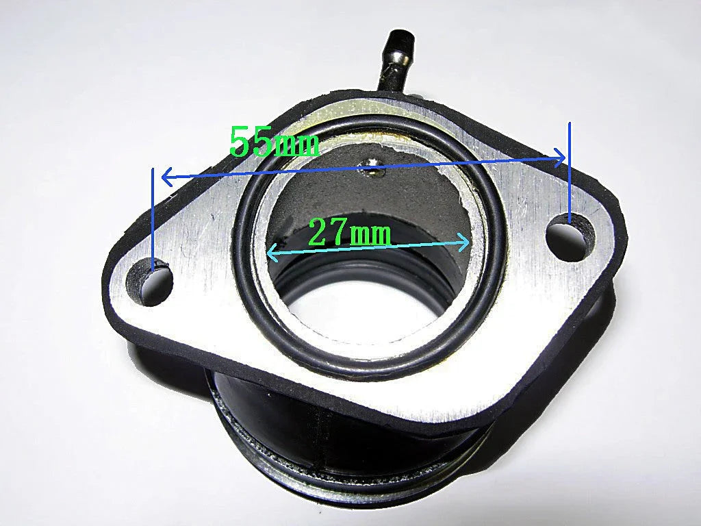 black rubber intake manifold gasket with metal flange and measurements 55mm and 27mm on white background