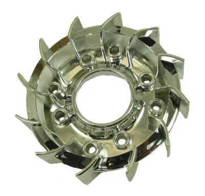 shiny metal impeller with curved blades and central mounting holes on white background