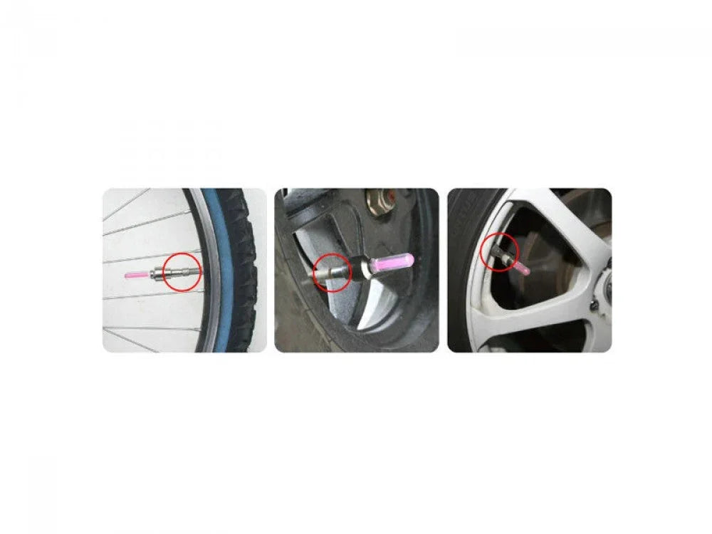 Close-up of bike and car tire valve stems with pink LED valve caps installed.