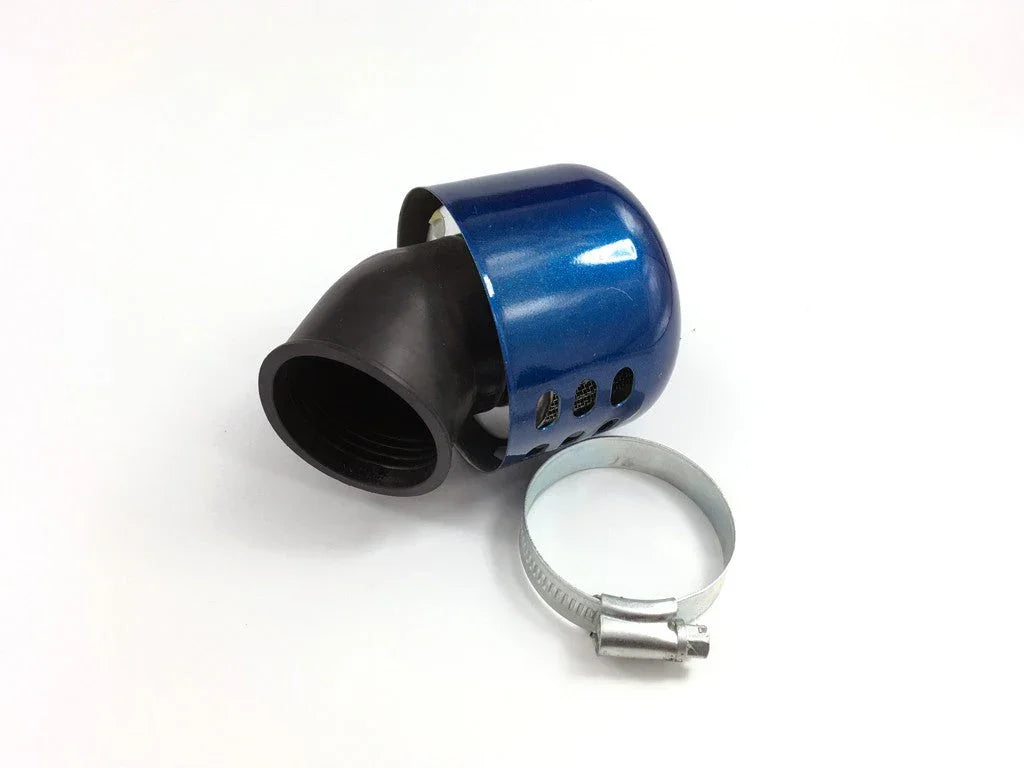 black rubber hose elbow with blue metal protective cover and silver hose clamp on white background