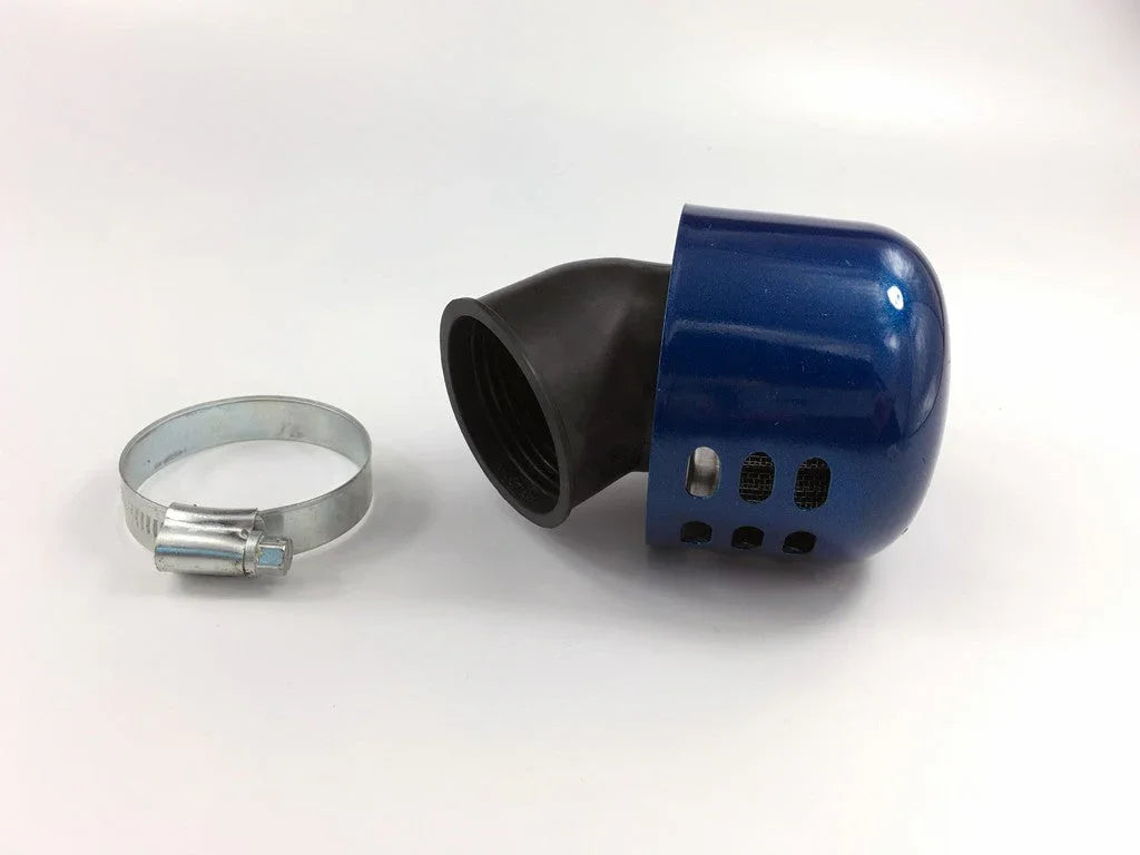 Blue air filter cover with black rubber fitting and metal hose clamp on white background