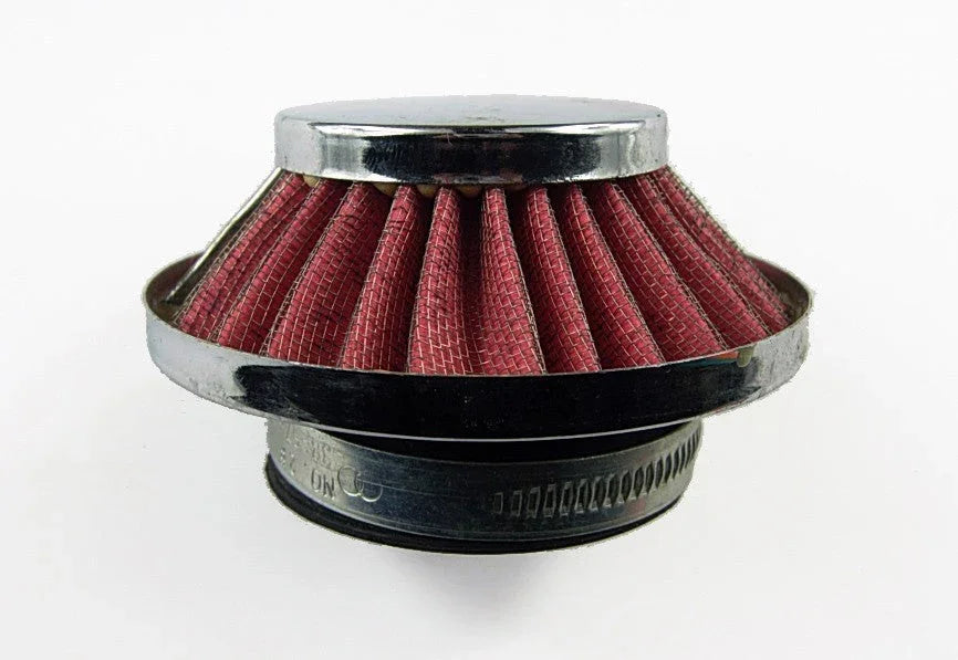 Red conical air filter with pleated fabric and chrome metal top and base clamp