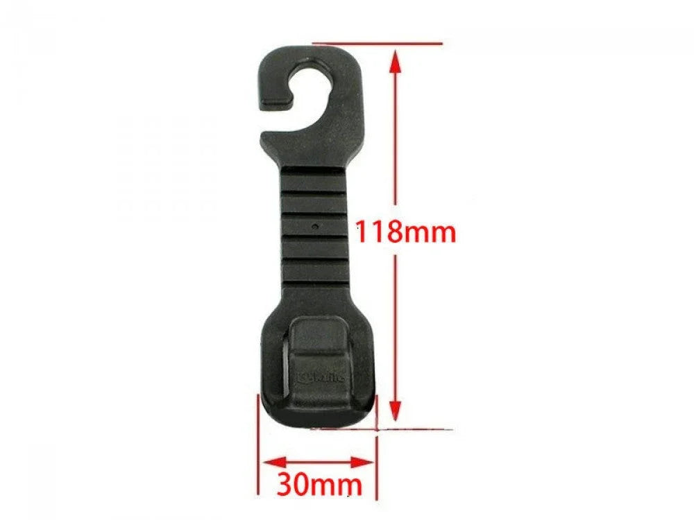 Black 118mm x 30mm plastic hook strap with ribbed design on white background