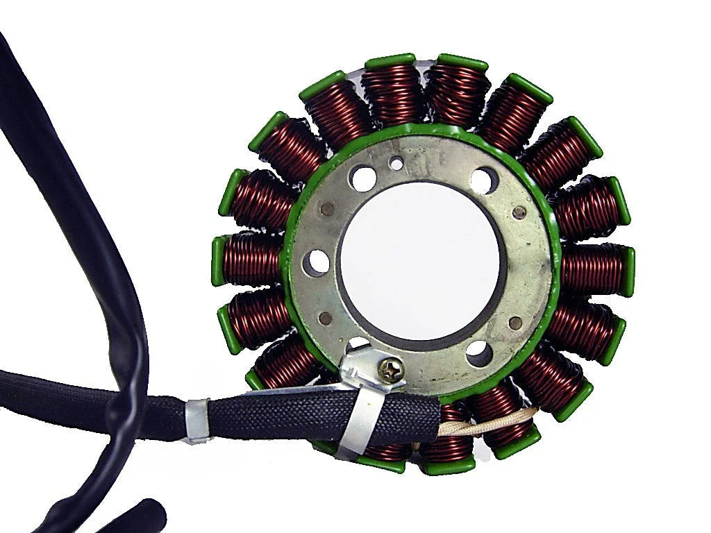Circular stator coil with copper wire windings and attached black electrical cable