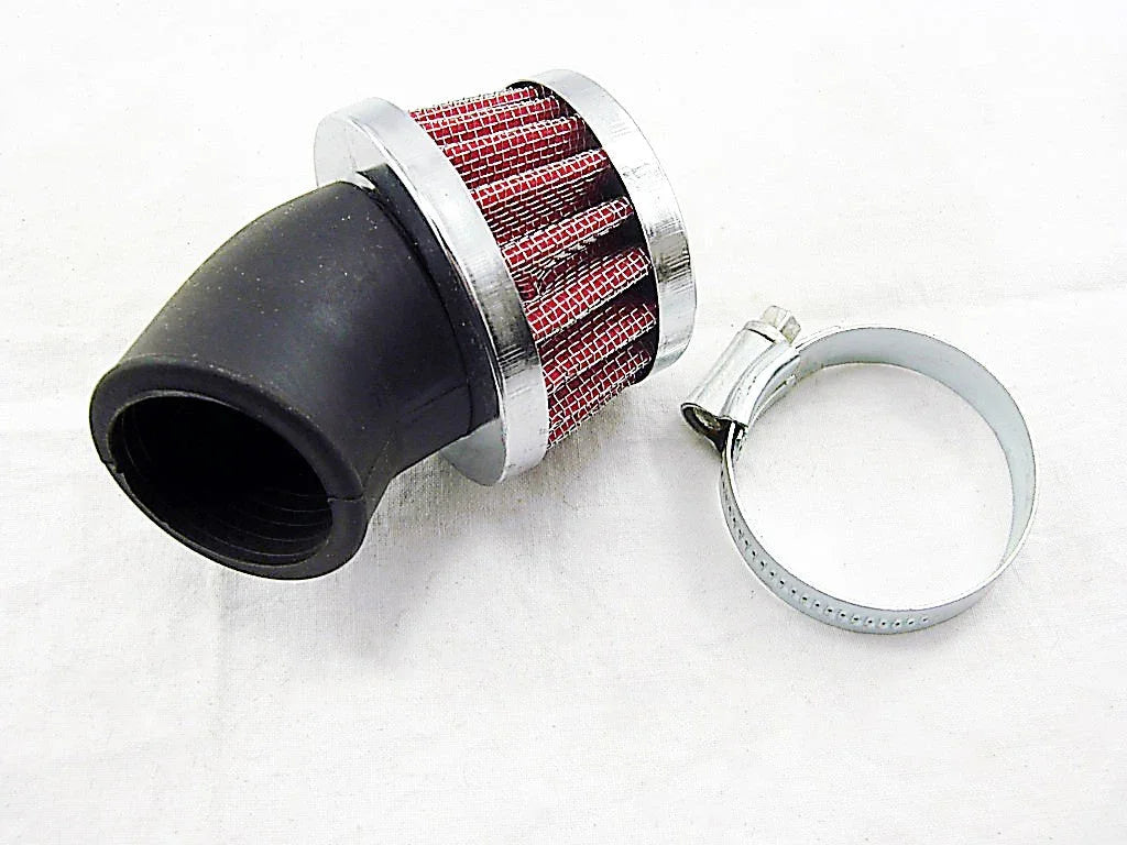 Small conical red air filter with black rubber elbow and silver clamp on white background