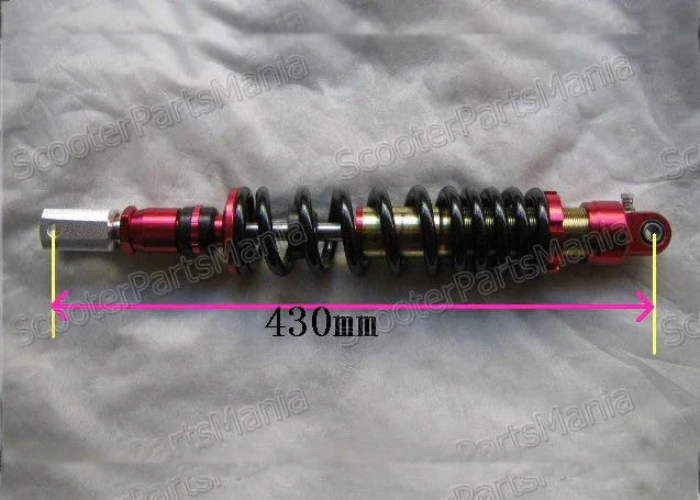 430mm black coil spring shock absorber with red metal mounts for scooter suspension
