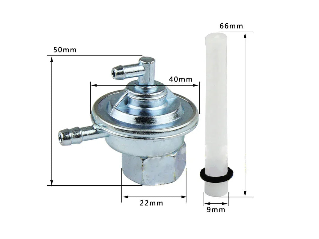 Metal fuel petcock valve with plastic filter tube and dimensions in millimeters