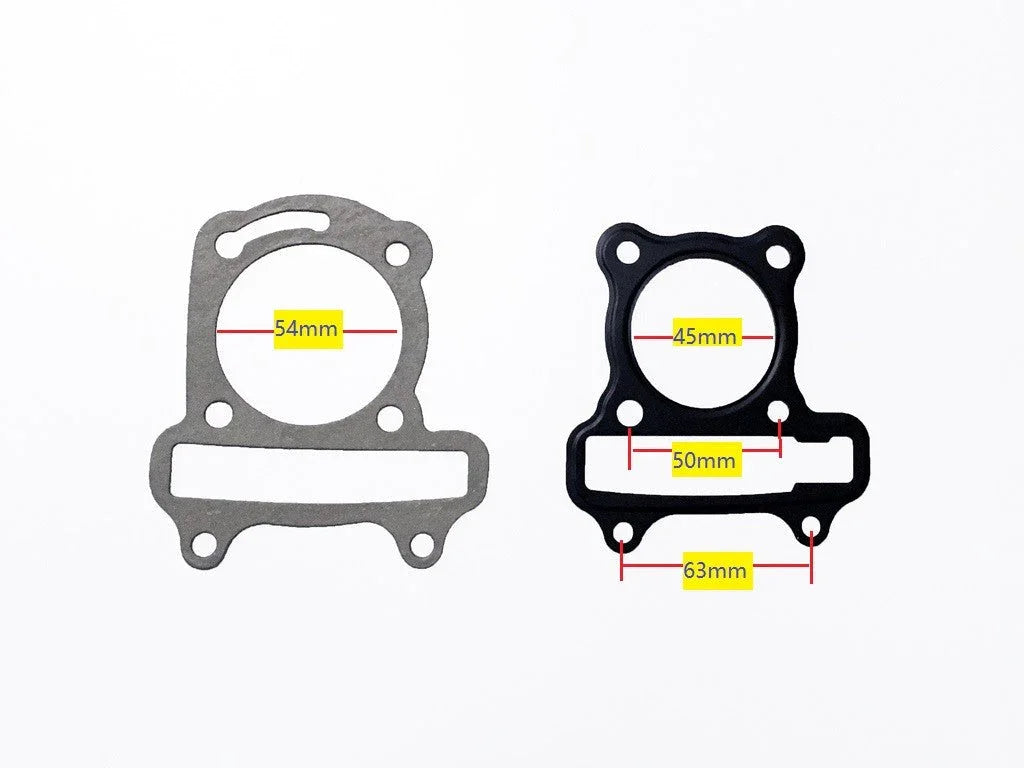 Two mechanical gaskets side by side with red measurement lines showing 54mm, 45mm, 50mm, and 63mm dimensions