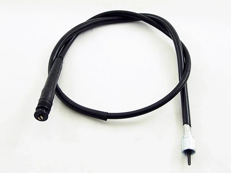 black speedometer cable with metal and plastic connectors on white background