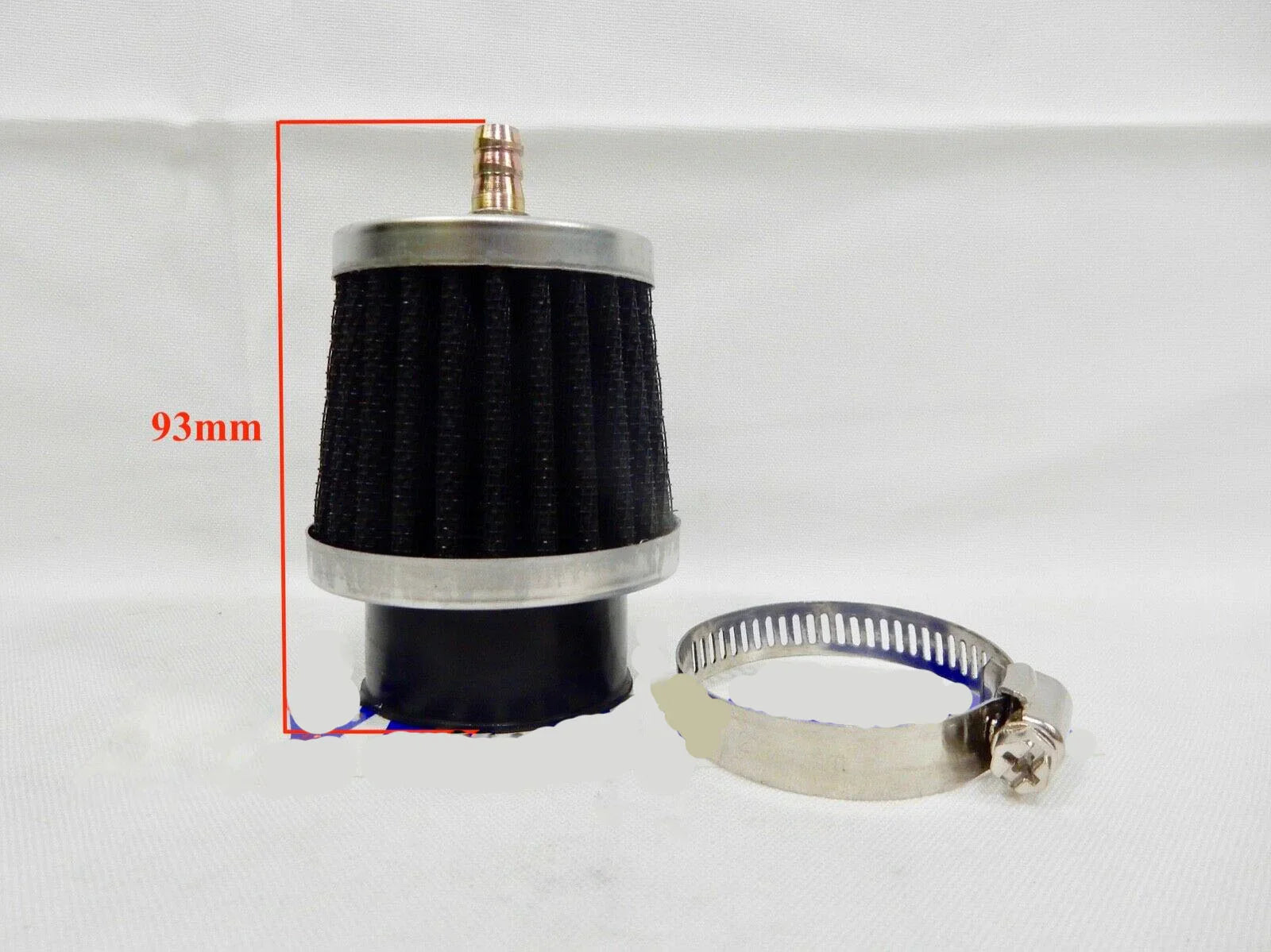 93mm black conical air filter with metal top and hose clamp on white background