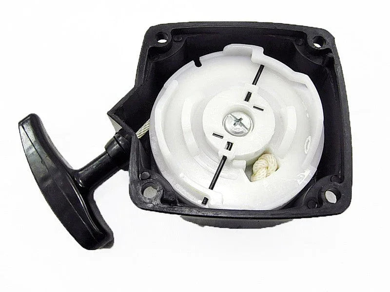 Black and white plastic recoil starter pull with rope and handle for small engine machinery