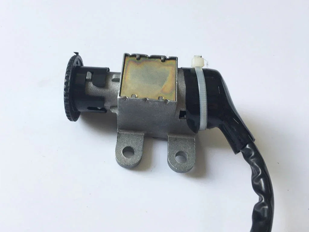 metal automotive solenoid valve with black plastic connector and mounting brackets on white background