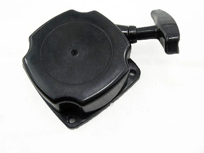 Black plastic recoil starter pull handle for small engine with mounting holes