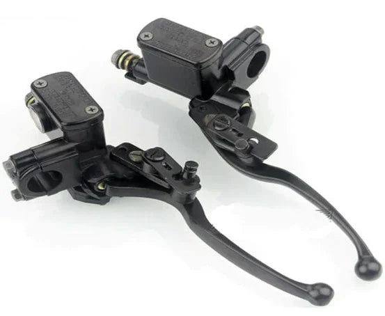 One pair black left and right brake master cylinders isolated on a white background