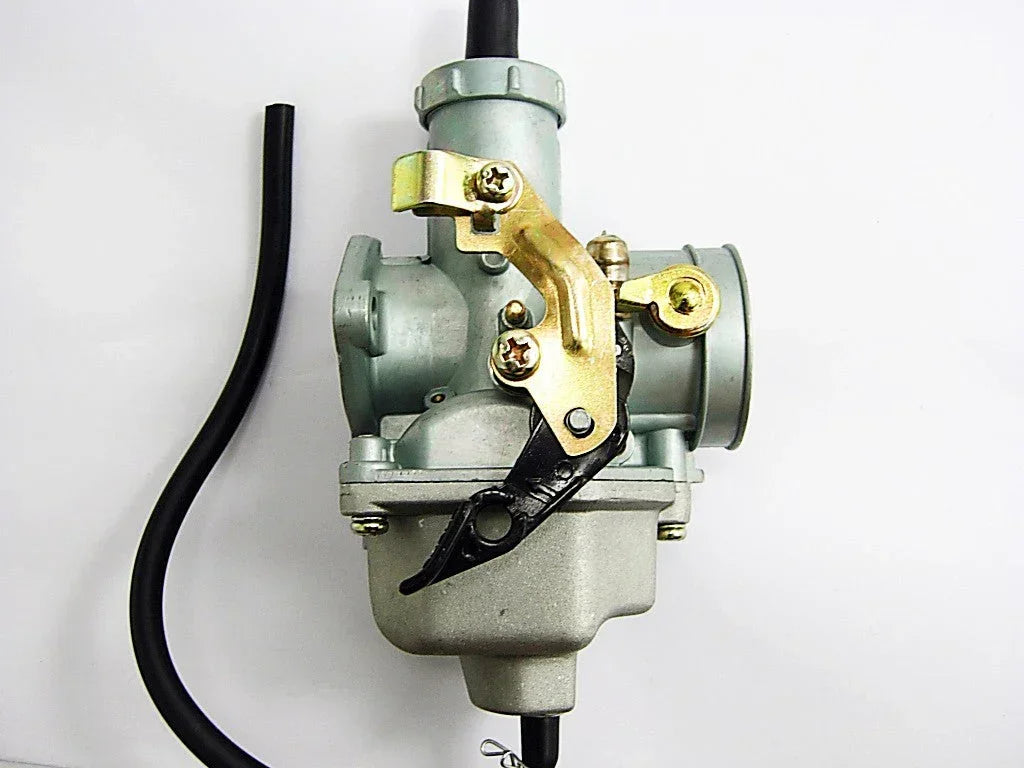 200cc 250cc dirt bike carburetor PZ30 with cable choke, compatible with ChinesePartsUSA models, shown with choke cable attached.