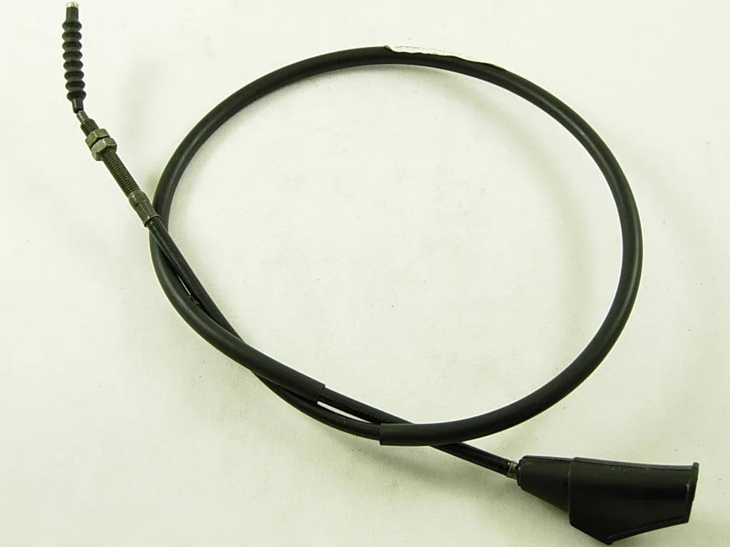Black motorcycle clutch cable with metal adjuster and rubber covers on white background