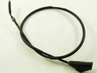 Black motorcycle clutch cable with metal adjuster and rubber covers on white background