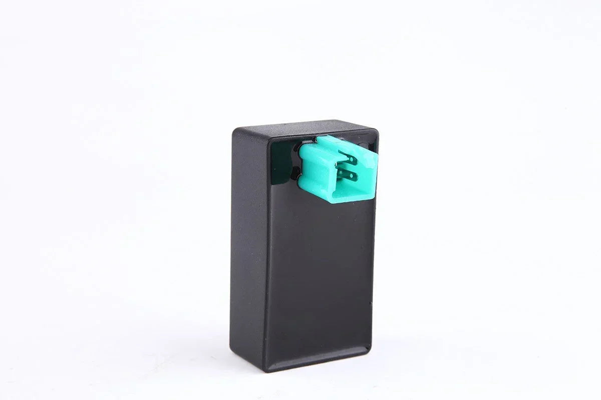 ChinesePartsUSA 4-pin DC CDI rev box for Chinese dirt bikes and pit bikes with E-22 motor, showing the prong connections.